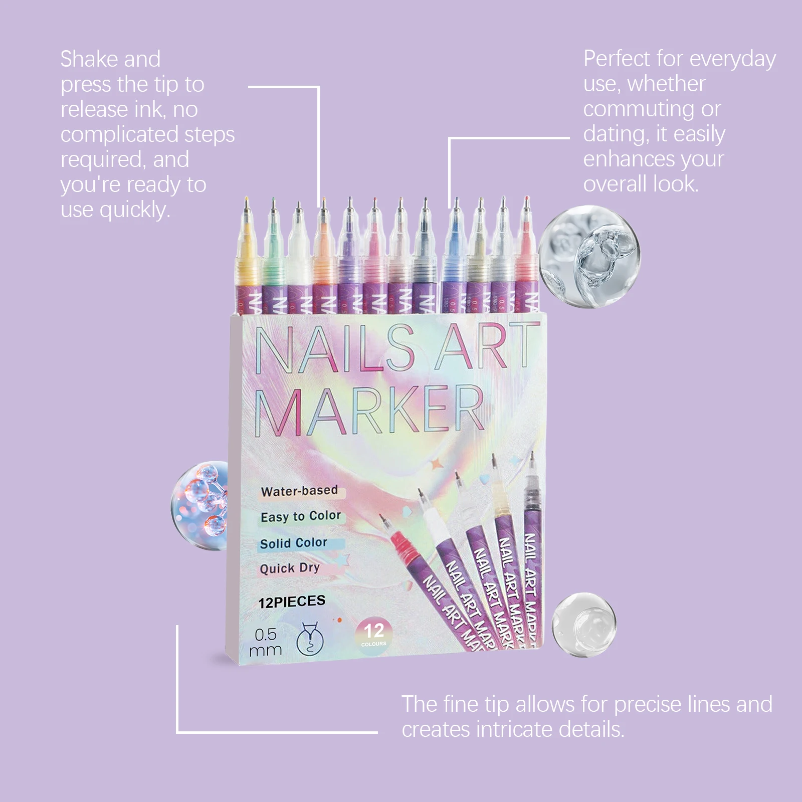 12 Colors /Set Nail Art Pen Waterproof Paint Pen Set Quick-Dry DIY Nail Graffiti Pen Drawing Painting Line Pencil Manicure Tools