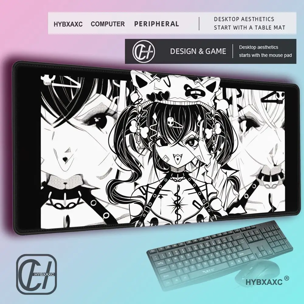HYBXAXC Black and White Anime Girl Table Mat Large Mouse Pad Keyboard Edge Locking Desk Mat Gaming Accessories Non-slip Mousepad