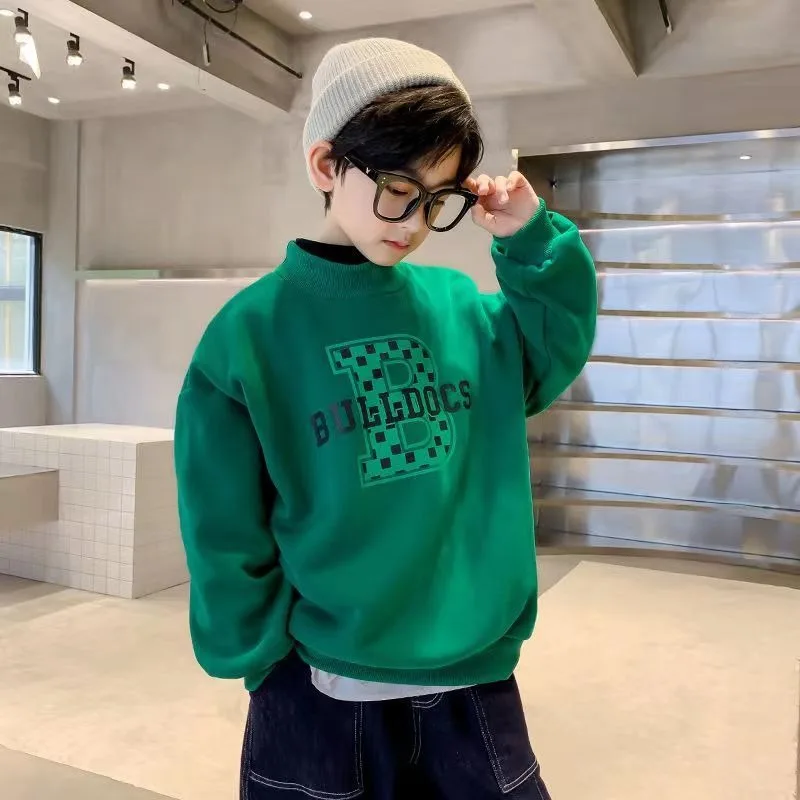 Boys' Mid-Large Size 2025 Winter New Fleece-Lined & Thickened Warm Layering Sweatshirt