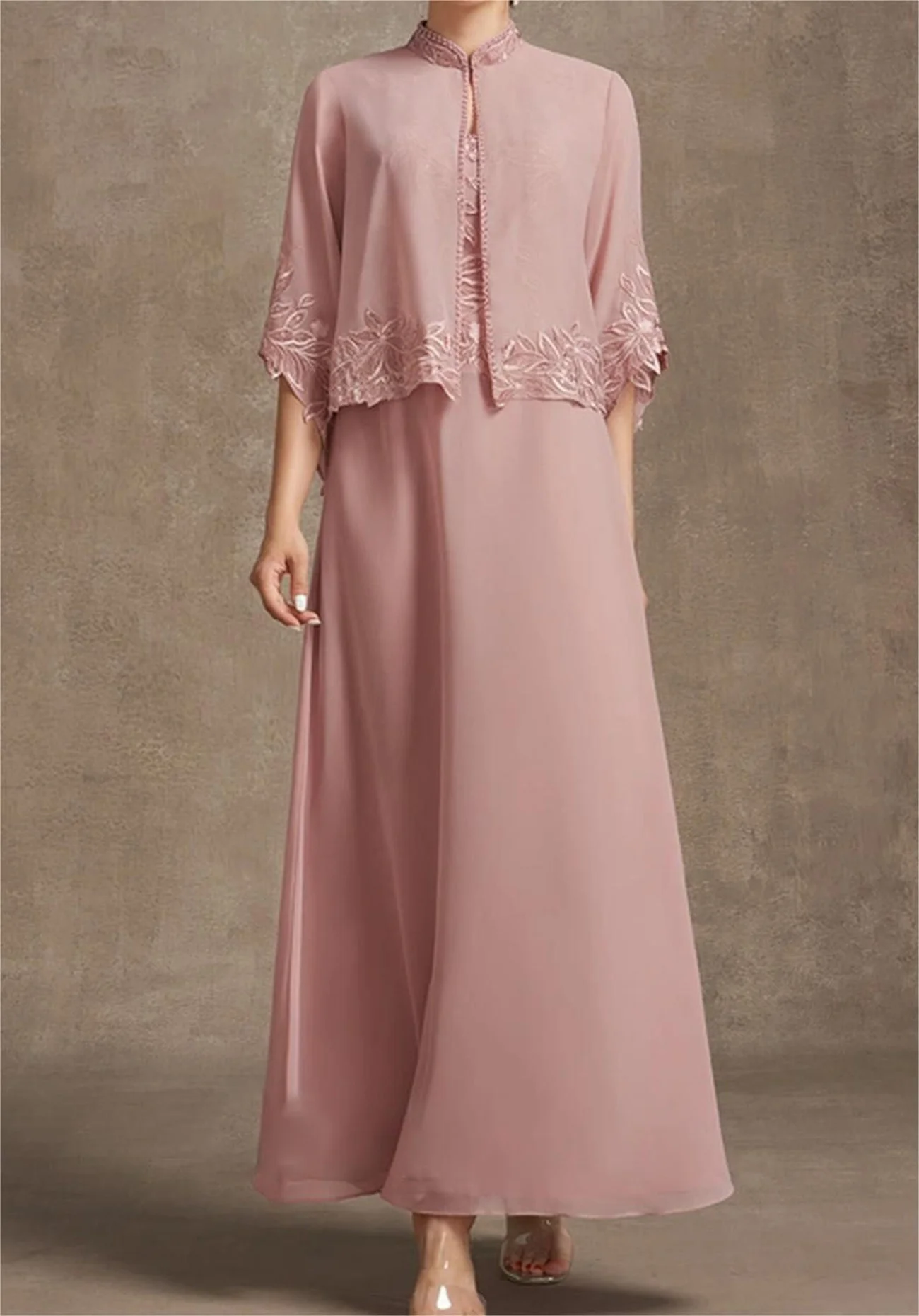 Bridal Mother Dress V-Neck Sleeveless Leaf Lace Chiffon Pink Evening Duo Set Of Elegant Long Sleeve Jacket Bespoke dresses 2024