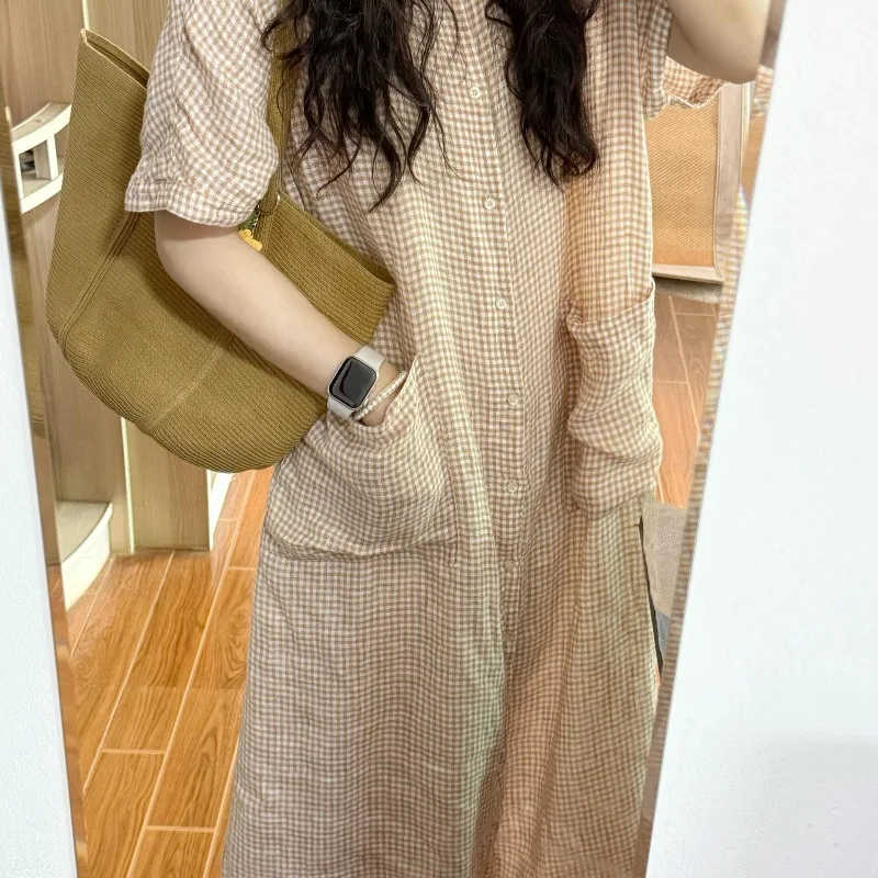 Camisón de algodón y lino de manga corta para mujer, nuevo vestido camisero con solapa para verano, talla grande, holgado, para el hogar, se puede usar en el exterior.