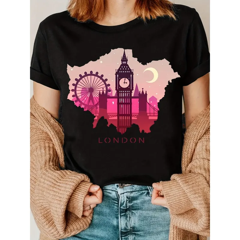 London UK Pattern T-shirt Big Ben and Landmark Printed Black Gradient Pink Orange Skyline Casual Round Neck Women's T-shirt