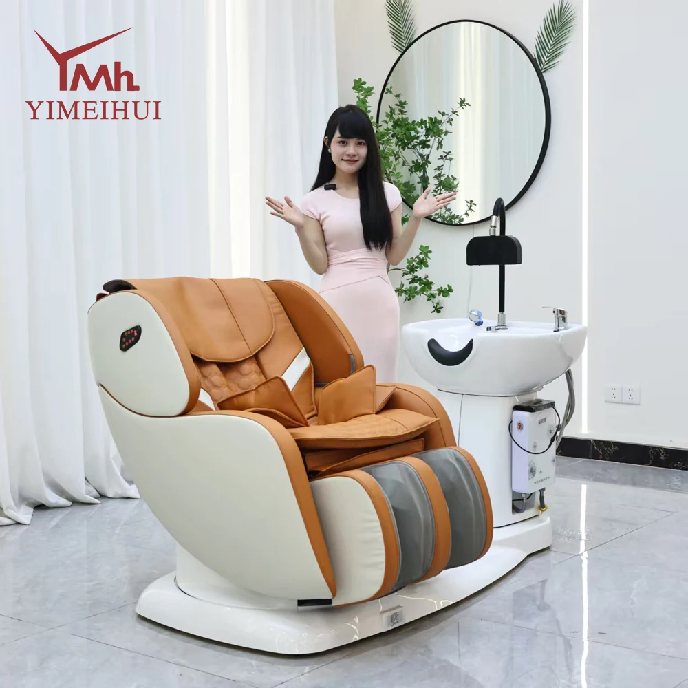 

Professional Modern Design Orange Color Hair Salon Lay Down Furniture Washing Bed Electric Shampoo Chair with Bowl