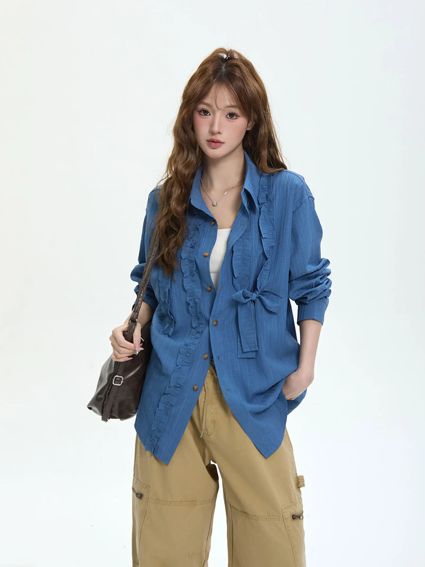 

Spring Sweet Wooden Ear Collar Knot Loose Casual Long Sleeve Turn-down Collar Women's Trendy Shirt Casual Style