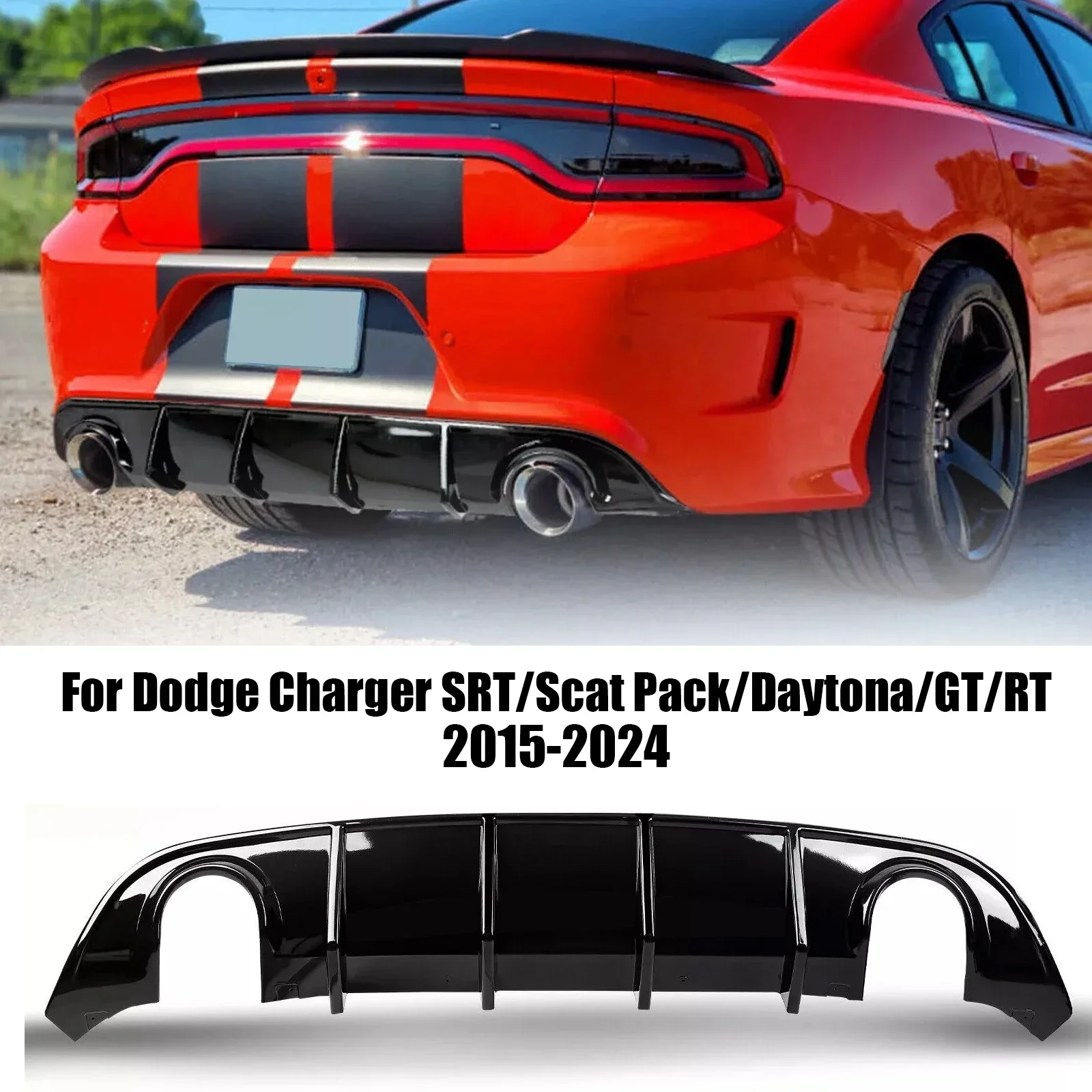 For 2015-2024 Dodge Charger SRT/Scat Pack/Daytona/GT/RT Rear Bumper Lip Diffuser Spoiler Lower Splitter Carbon Look Glossy Black