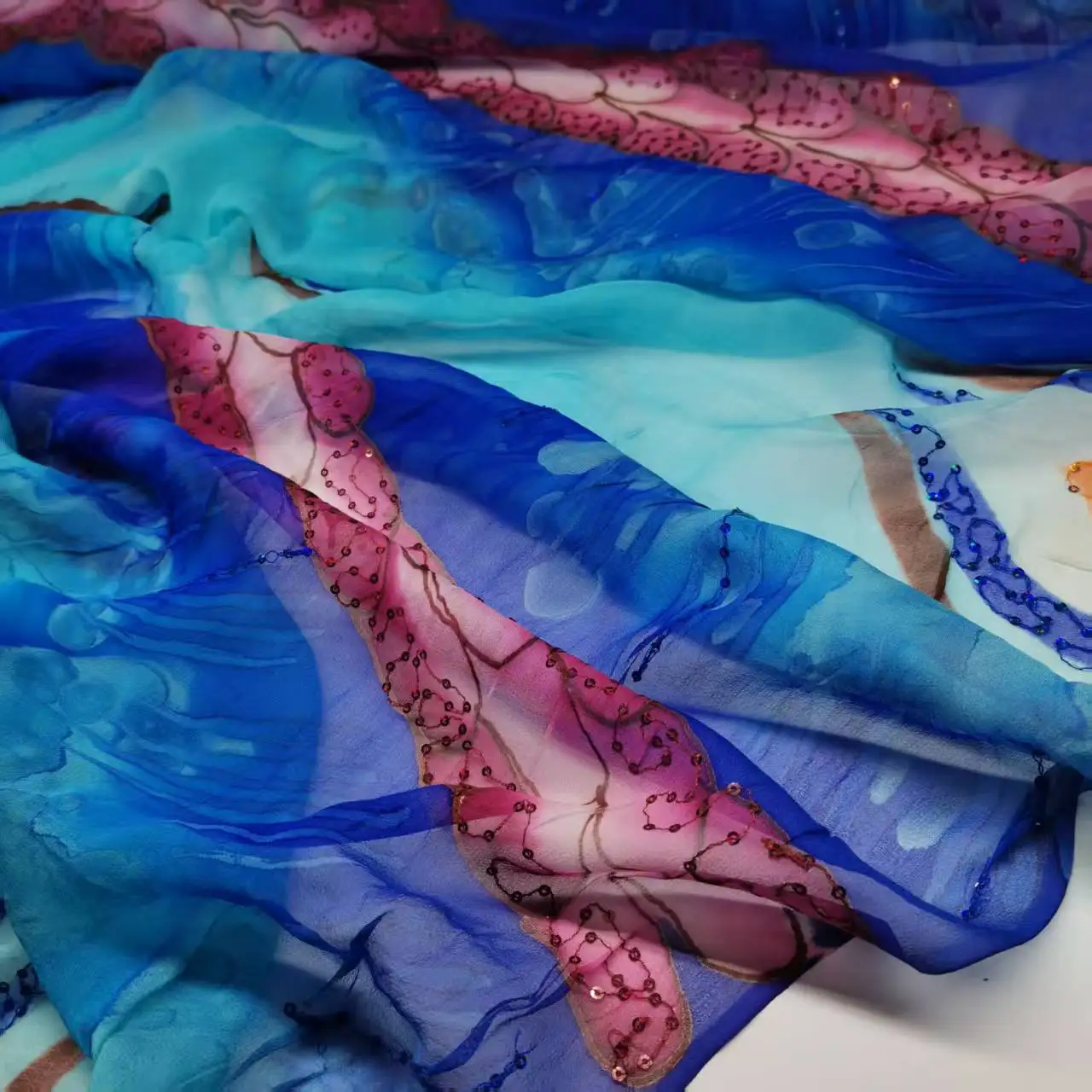 Tissu en Soie à Paillettes 100% Soie Mousseline Broderie Scintillante pour Sari Robe Toub Hijab Foulard Couture DIY