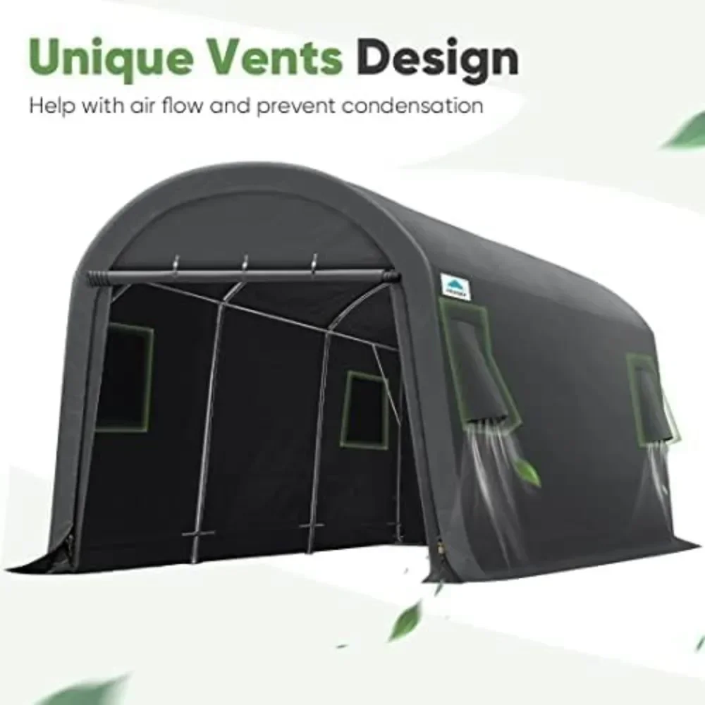 

10X15 ft Storage Shed Carport Steel Metal Round Peak Roof Portable Garage Shelter for Motorcycle, Boat, and Garden Tools with 2