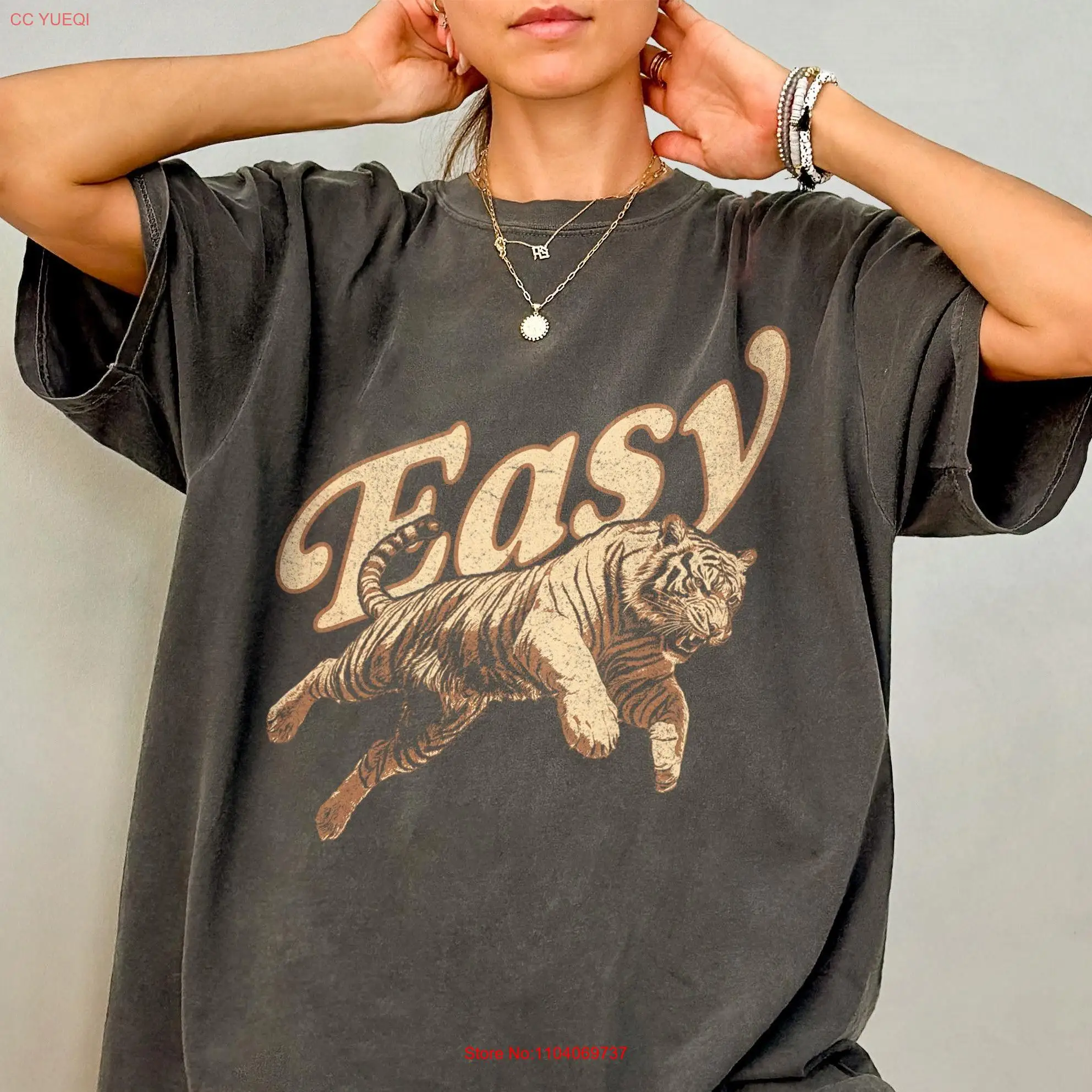 

Easy Tiger T Shirt Distressed Comfort Colors Oversized Indie Aesthetic Trendy Retro Animal long or short sleeves