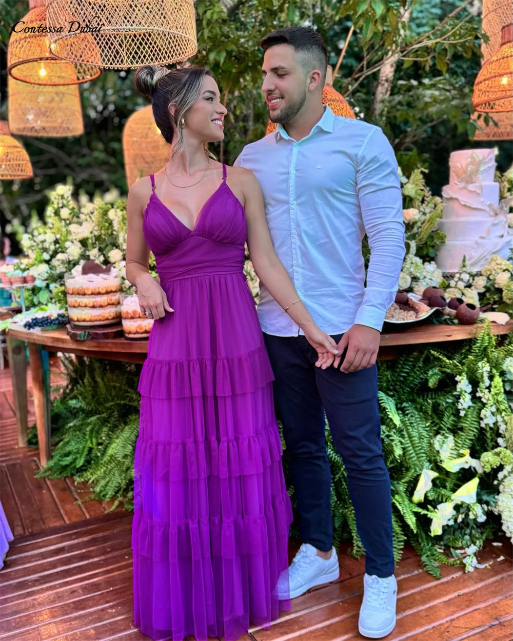 ชุดราตรีสั่งตัด ชุดออกงาน ชุดเดรสยาว ชุดไปงานแต่งงาน คอวี สายเดี่ยว ผ้าชีฟอง ระบายหลายชั้น ยาวแบบแม็กซี่ เซ็กซี่