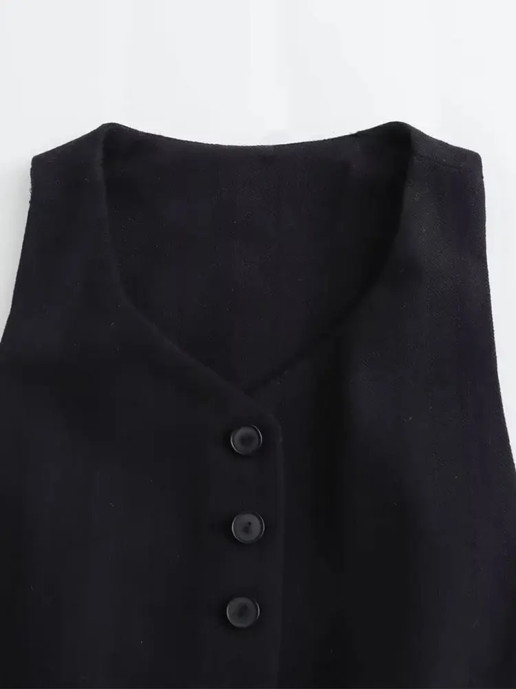 TRAF Women Vintage V Neck Sleeveless Black Outerwear Official Front Single Breasted Vest Waistcoat Women 