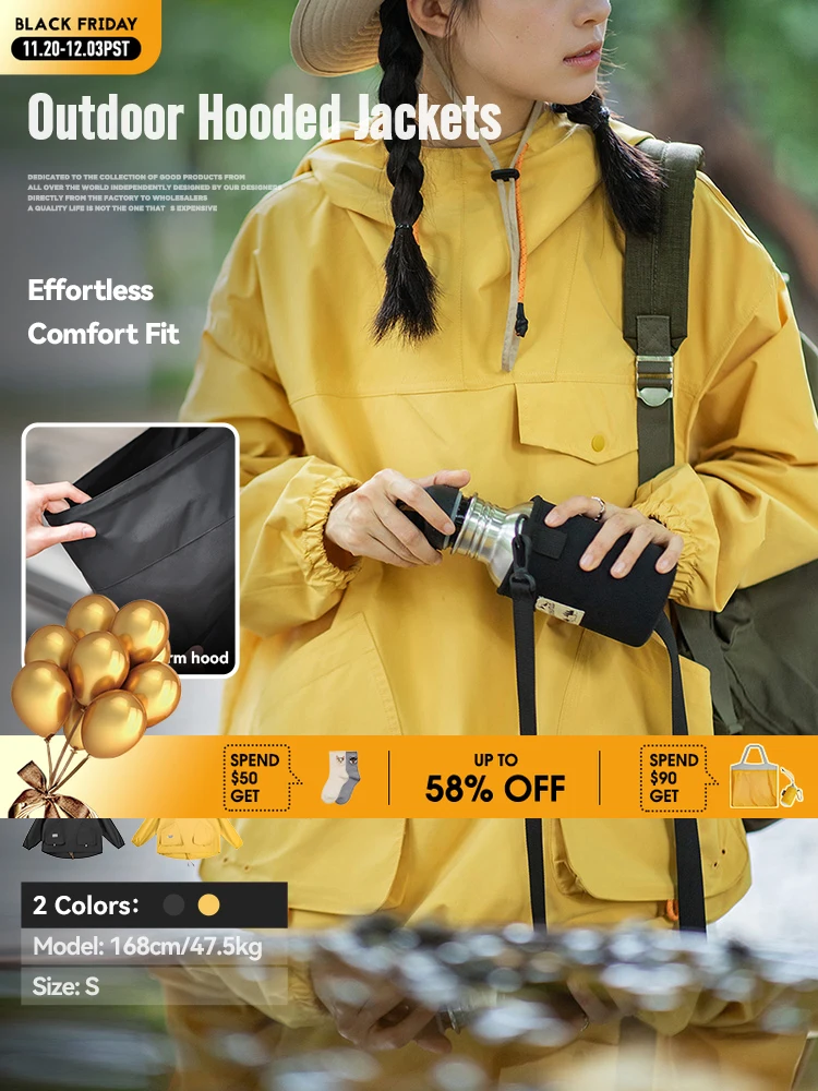 

Maden Yellow Windproof Hooded Sweatshirt for Women Outdoor Sports Hiking Loose Multi-Pocket Jacket Comfortable and Breathable