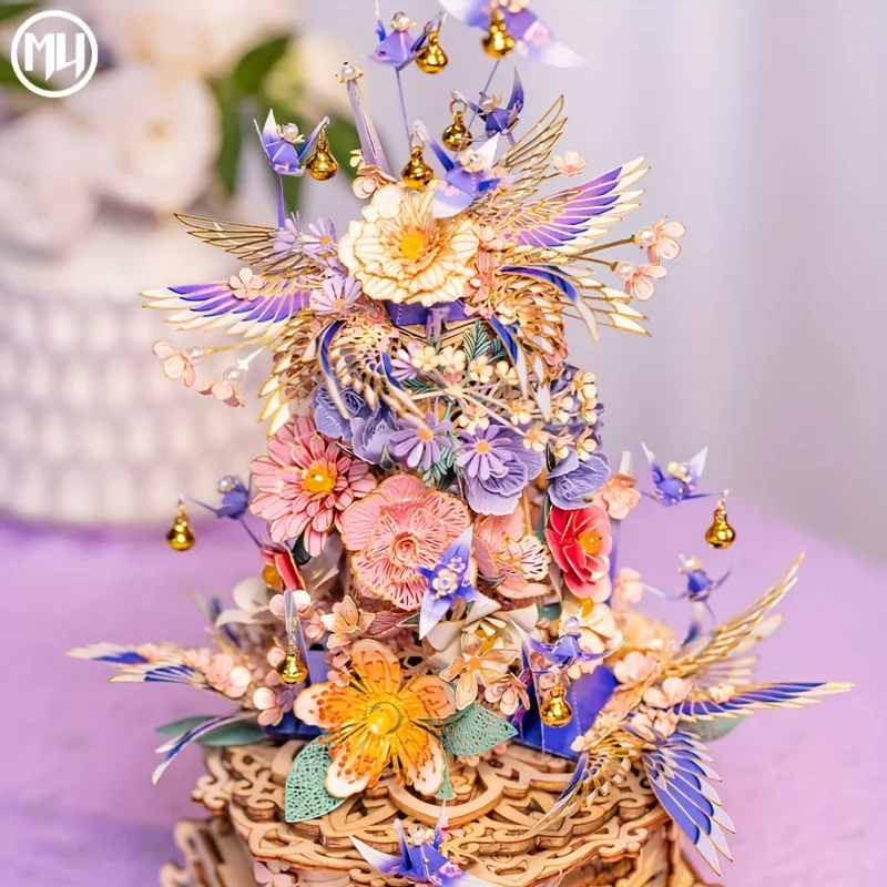 MU Drunken Flower Room 3D Stereoscopic Metal Puzzle Music Box, DIY Puzzle Toy, desktop Office Decoration, Stress-Relieving