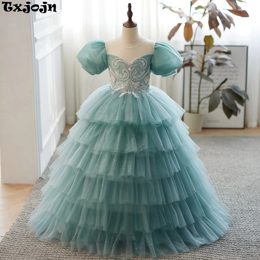 

Girls Glitter O-neck Ball Gown Floor-length 2025 Beaded Puff Sleeves Tulle Dresses For Birthday Party Wedding Guest Clothes