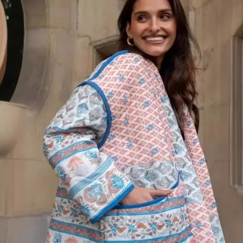 Veste décontractée en coton patchwork imprimé à revers pour femmes, vêtements frais et doux, à manches longues, à la mode, nouveau, 2024