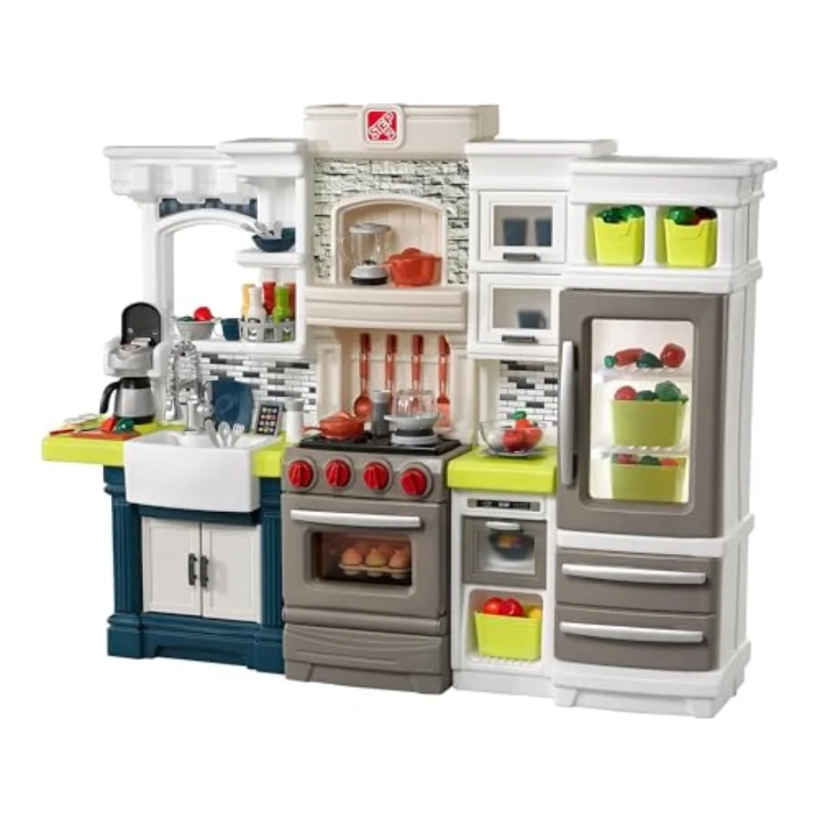 

Indoor/Outdoor Kitchen Playset, Durable Plastic, White Red, Interactive Lights and Sounds with 78-Piece Accessory Set for Toddl