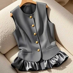 Solid Gray Ruffled Patchwork Waistcoats Single Breasted Blazers Vests Coat Temperament Women Formal Elegant Outerwear Summer New