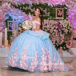 LISM Gorgeous Light Blue 15 Quinceanera Dresses Glitter Off The Shouder Sweetheart Ruffles A-Line Ball Gown Birthday Party Dress