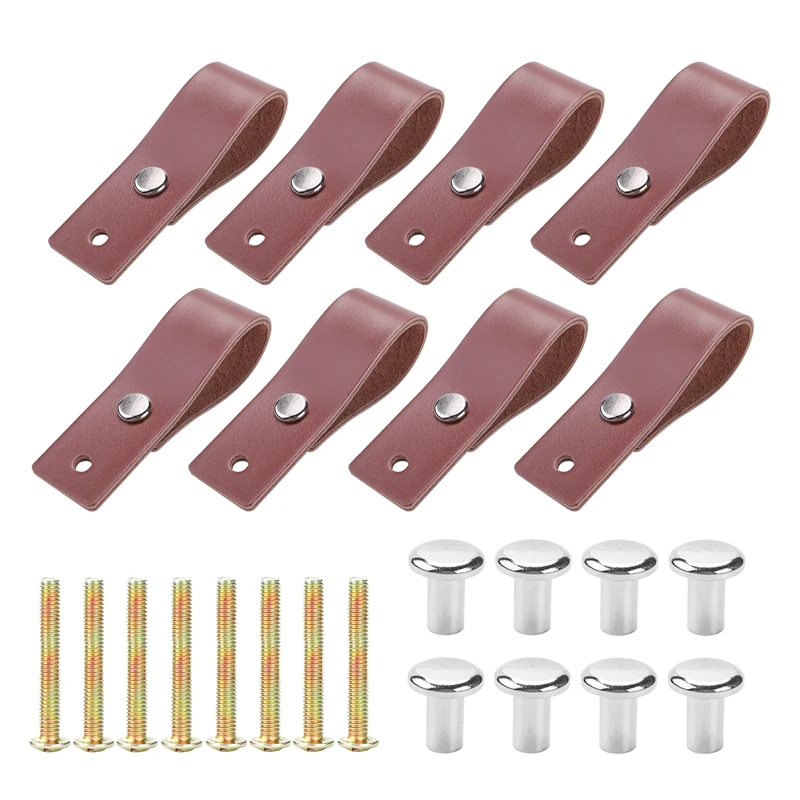 

ABXH Leather Drawer Pulls 8 Pcs Leather Dresser Knobs Handmade Pure Leather Handles For Cabinet Doors And Drawers (Brown)