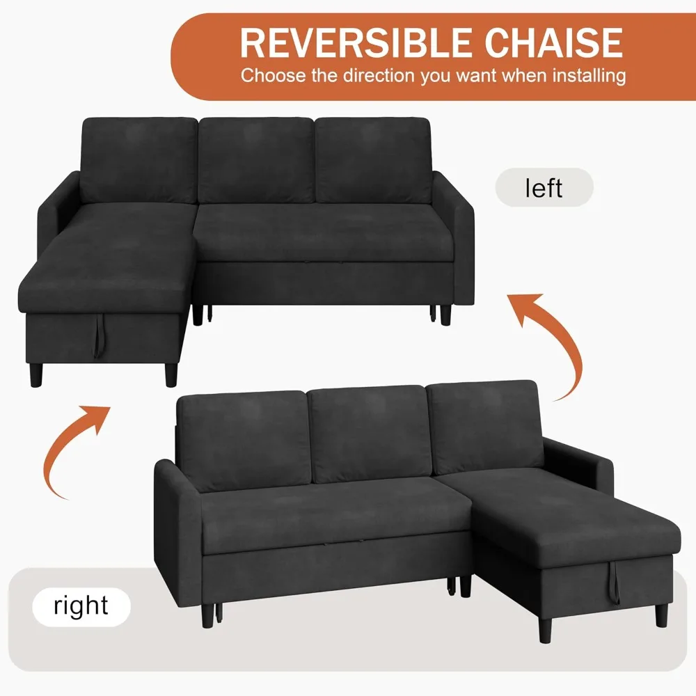 أريكة نوم قابلة للتحويل مع مساحة تخزين، سرير أريكة من قماش الكتان على شكل حرف L لغرفة المعيشة #4