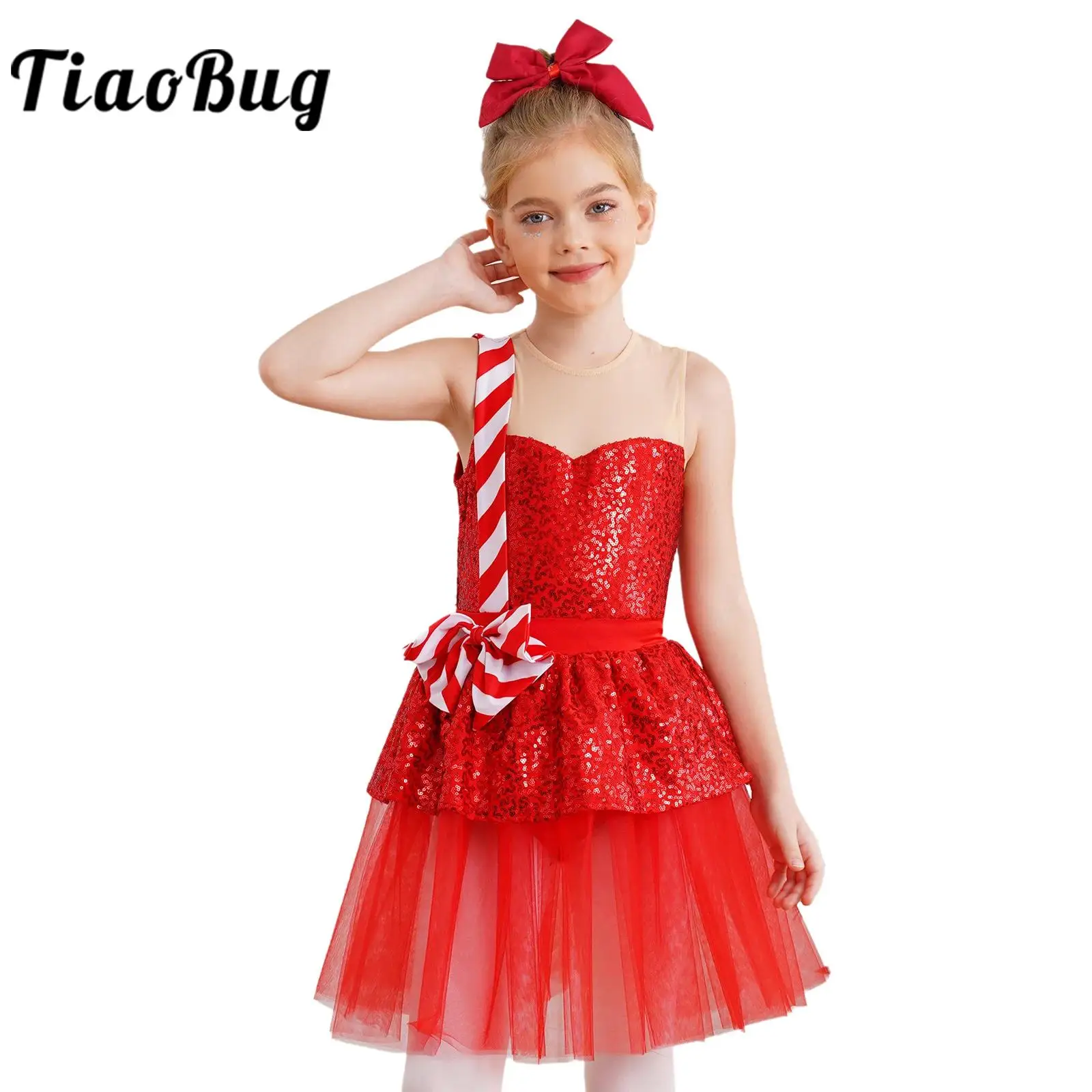 Girl New Year Christmas Dress Sequins Stripes Tutu Dress Carnival Party Gown Candy Cane Costume Holiday Performance Costume