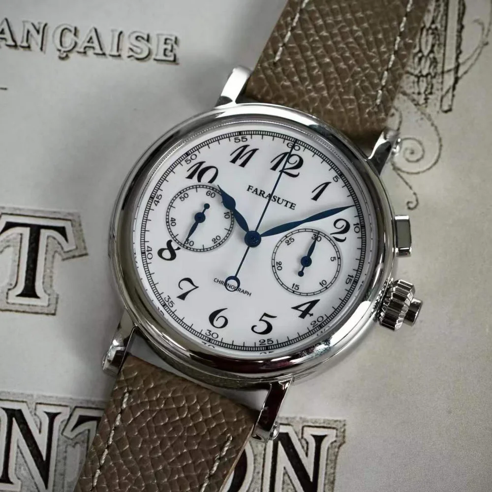 FARASUTE Men Chronograph Watch 40m Panda Manual Winding Mechanical Wristwatch Sapphire ST1900 Enamel Dial Leather Strap