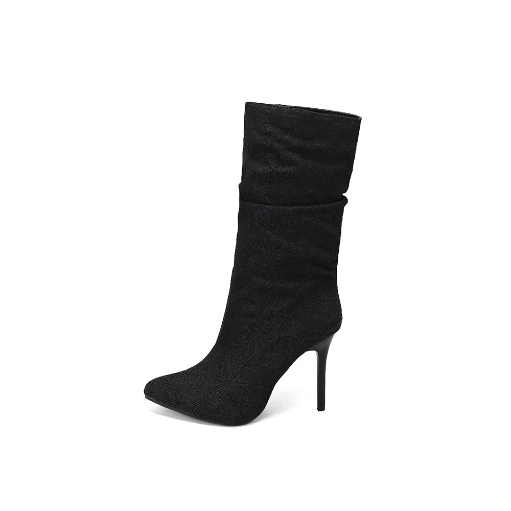 New Winter Fashion Blue Black Women Mid Calf Slouch Boots High Stiletto Heels Lady Dress Shoes Plus Big Size 11 43 45 48 view 2