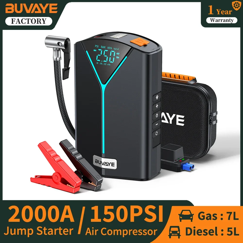 

BUVAYE 2000A Jump Starter 10000mAh Power Bank with 150PSI Air Compressor 12V Jump Box Battery Booster With Flashlight LCD Screen