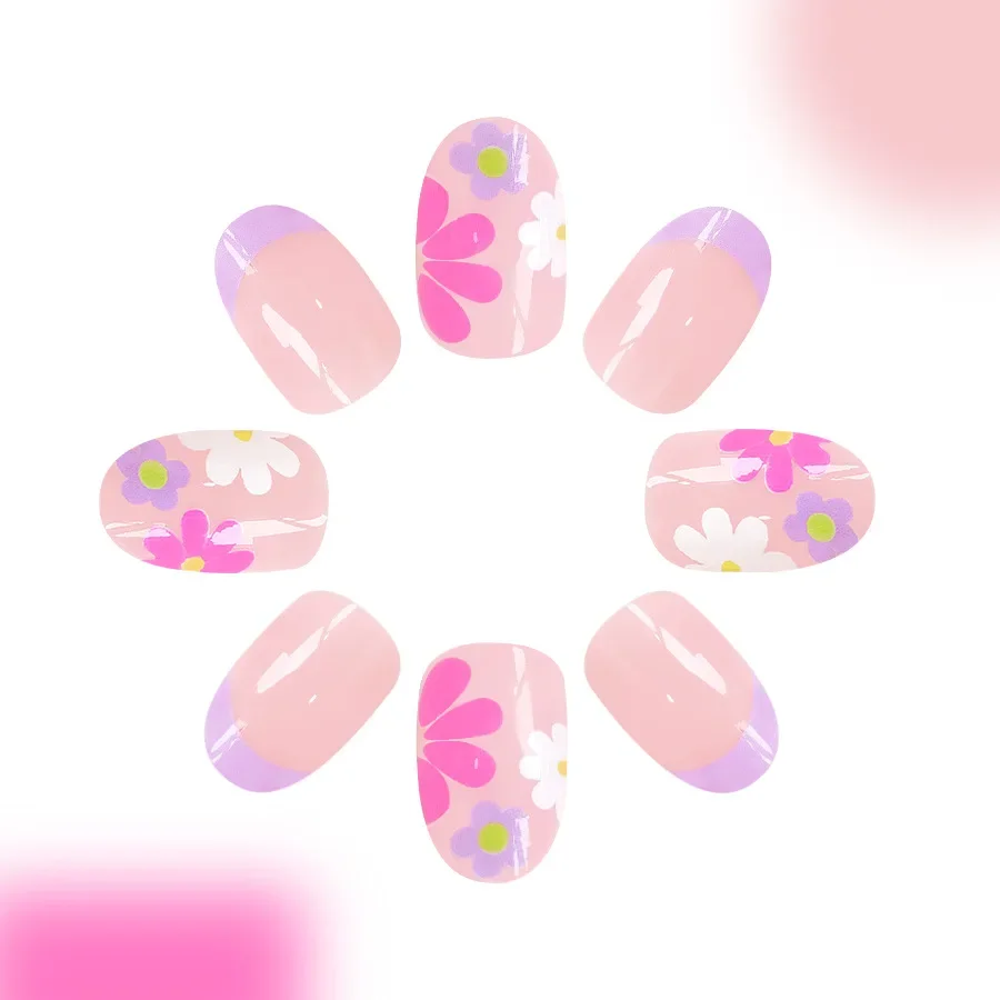 24 piezas de uñas de presión cortas en forma de almendra, punta francesa rosa floral, brillantes y elegantes, uñas postizas de cobertura completa para mujeres y niñas, primavera, uso diario 5