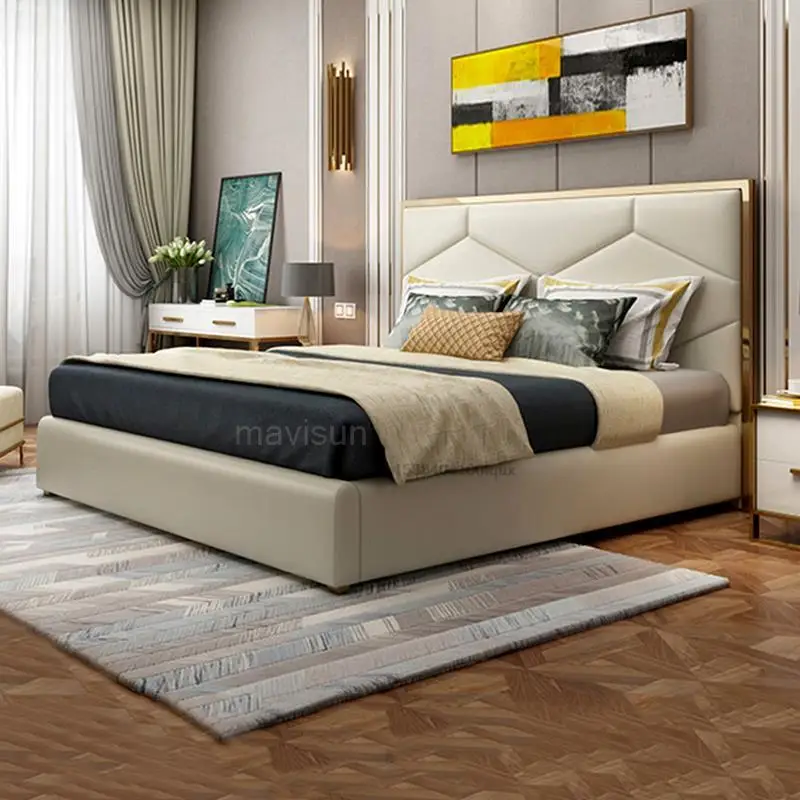 Italian Furniture For Home Bedroom Bed 2 People With Genuine Leather And Solid Wood Frame White Classical King Bed 180X200cm