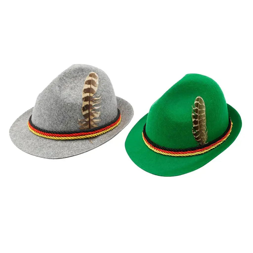 Unisex Novelty Fedora Hat Oktoberfest Fedora with Feather for Men and Women - Green/ Light Gray Color - 60cm/23.6' Bavarian Jazz