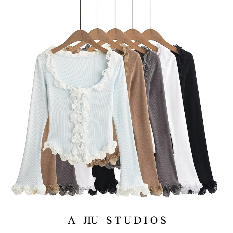 

Сексуальная длинная футболка с кружевной отделкой Sve, женский топ с мягким воротником, U-Ne ort Length, узор сращивания, другие материалы, боди-мав