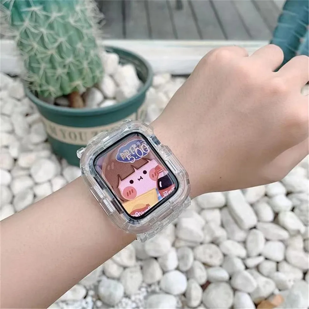 حزام شفاف + حافظة لساعة أبل 8 7 6 SE 5 3 2 حزام سيليكون شفاف ناعم لحزام iwatch 40 مللي متر 44 مللي متر 42 مللي متر 41 مللي متر 45 مللي متر 49 مللي متر