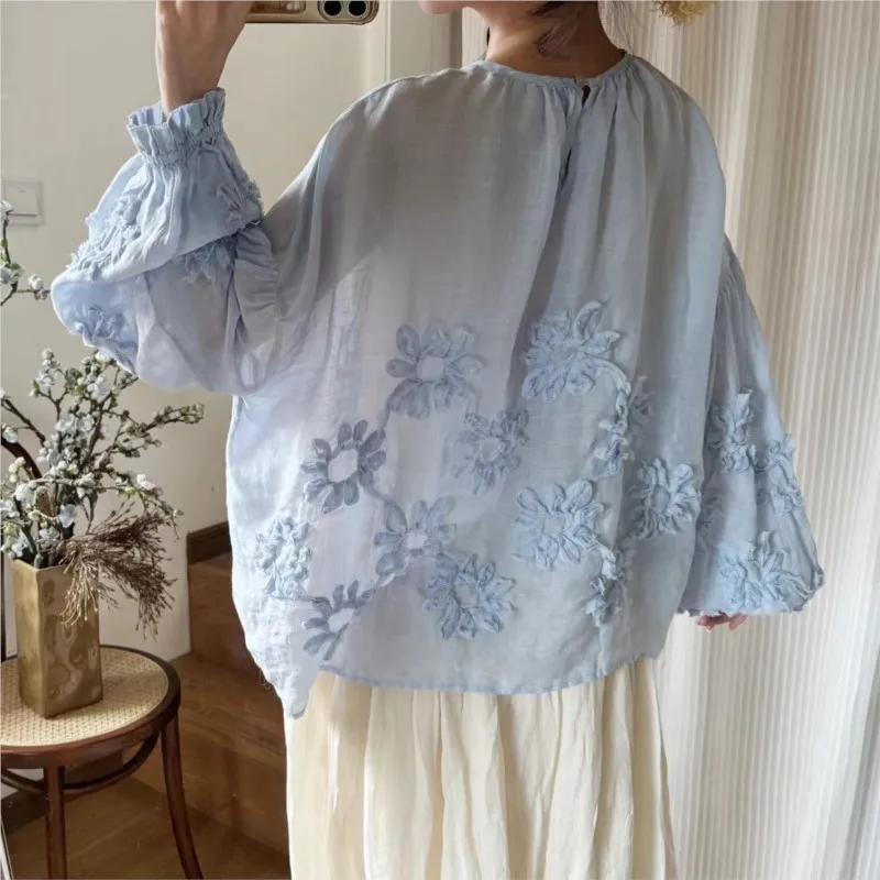 Johnature Three-dimensional Flower Embroidered Top Spring Autumn New Women Cardigan Top Japanese Linen Thin Shirts Sweet