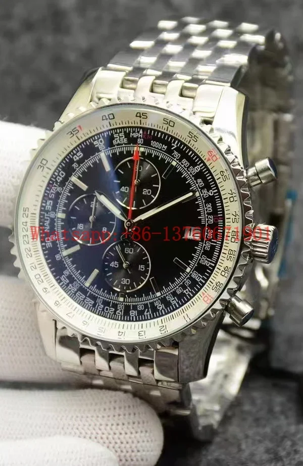 Luxury New Mens Quartz Chronograph Watch Stainless Steel Black Blue Rubber Leather Sapphire Wristwatches