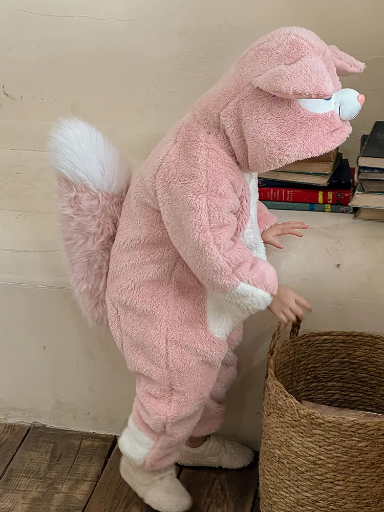 New Winter 1-9 Y Baby Clothes For GirlS Cute Warm Flannel Kids Animal Shape Jumpsuit Pink Fox Romper Housecoat with Big Tail