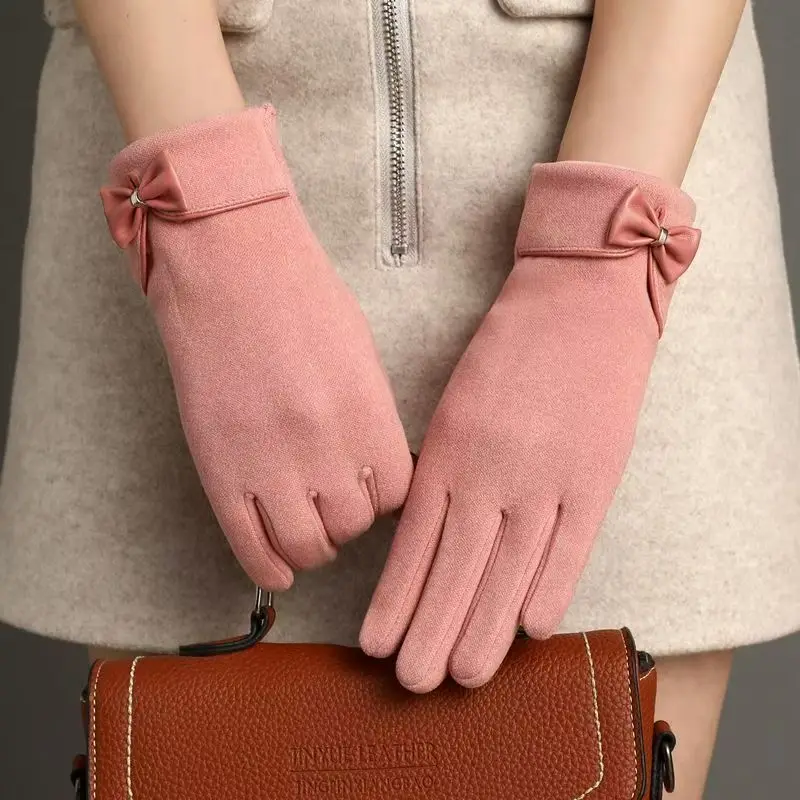 New Butterfly Bow Warm Gloves for Women Actress Velvet Lining Thick Windproof Gloves Anti Slip Elastic Design Soft Comfortable