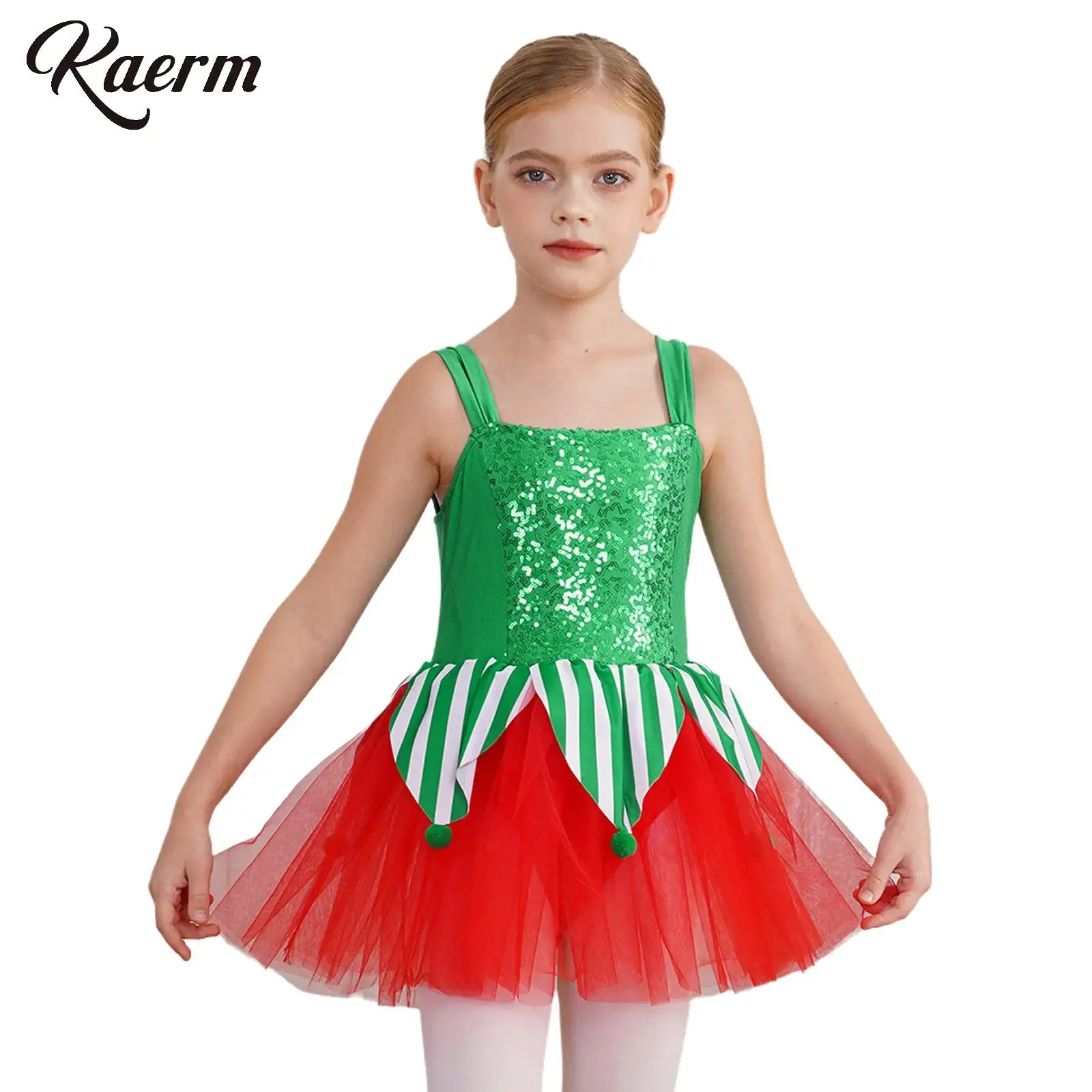 Kids Girls Christmas Performance Costume Striped Triangle And Velvet Pom-poms Mesh Patchwork Sequins Jumpsuit A-Line Dress