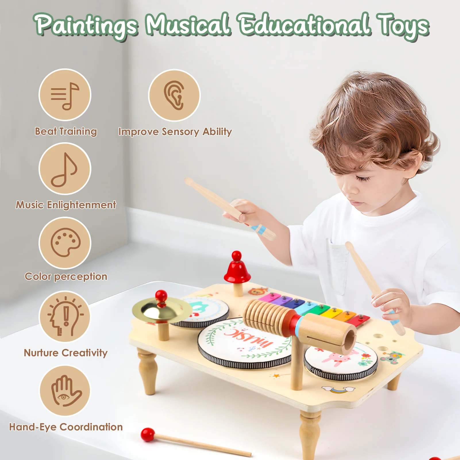 Whole case, minimum order of 8 units: Wooden all-in-one baby percussion table, hand-played piano and drum combo music toy, kindergarten teaching aid.