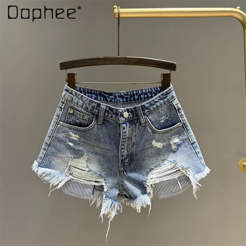 

Ins Trendy Spice Girl High Waist Denim Shorts Women Summer Ripped Loose Rough Edge A-line Wide Leg Pants Spice Girl Sexy Shorts