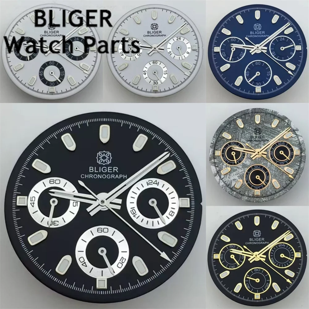 BLIGER 30mm VK63 Quartz Watch Dial Black White Blue Gray Dial With Hands Set Green Luminous Fit VK63 Quartz Movement