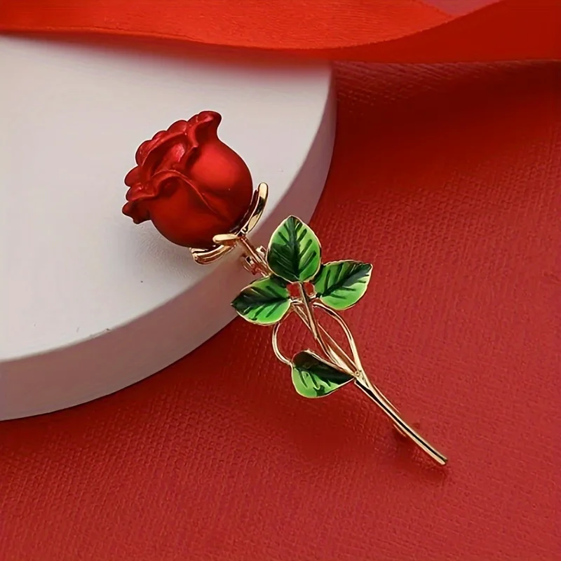 [Holiday Joy] Elegant Red Rose Brooch with Green Leaves - Stylish Alloy Lapel Pin, Perfect for Dresses, Sweaters, and Coats - Th