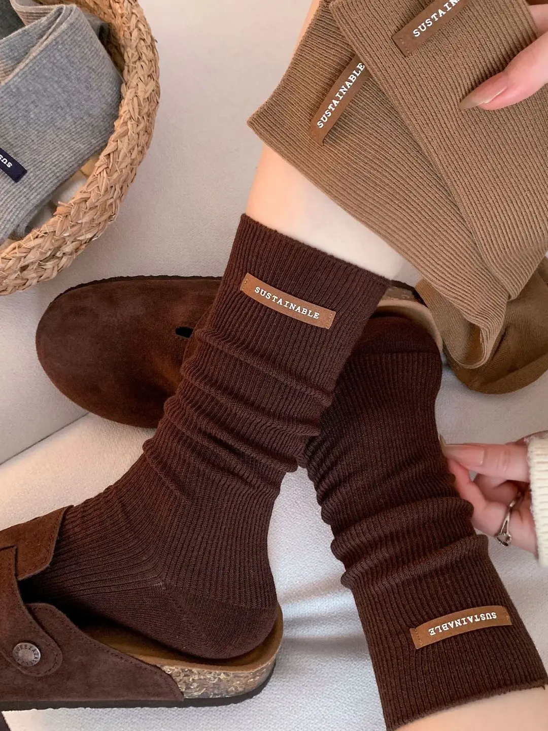 Caramel Colored Mid-Calf Thick Warm Socks for Women Simple Style Long Socks Matching with  Shoes Winter Essential