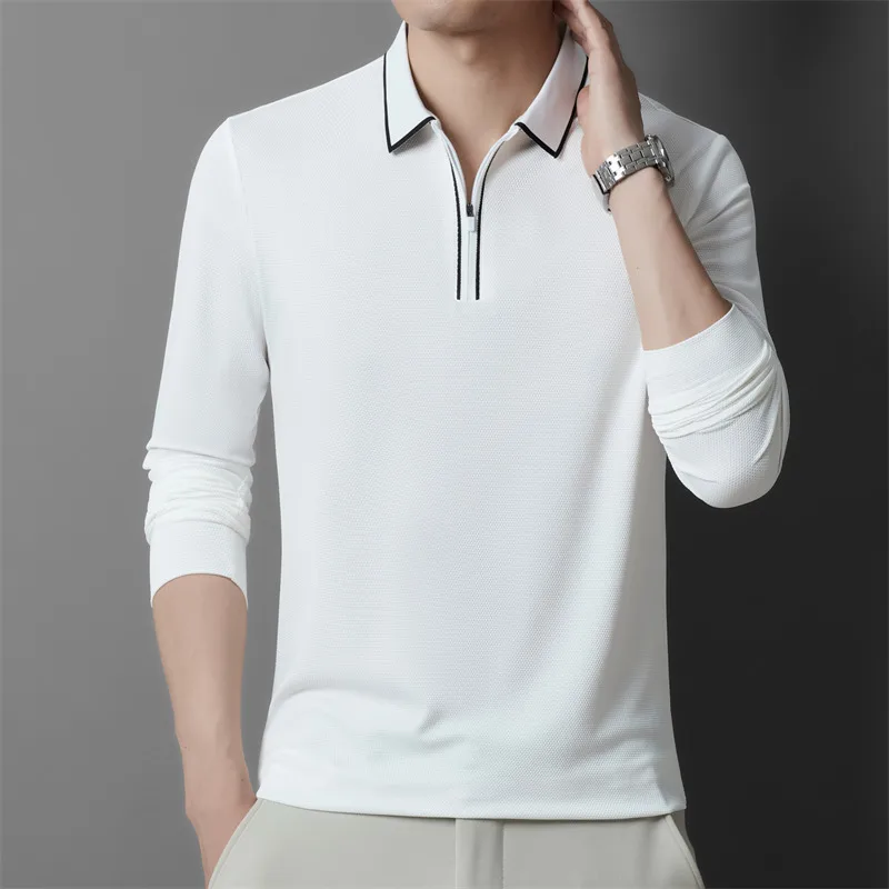 

Men Understated Essential Polo T-Shirt with Quarter-zip Collar & Lapel Design Black White Beige Navy Plain Color Tops Office