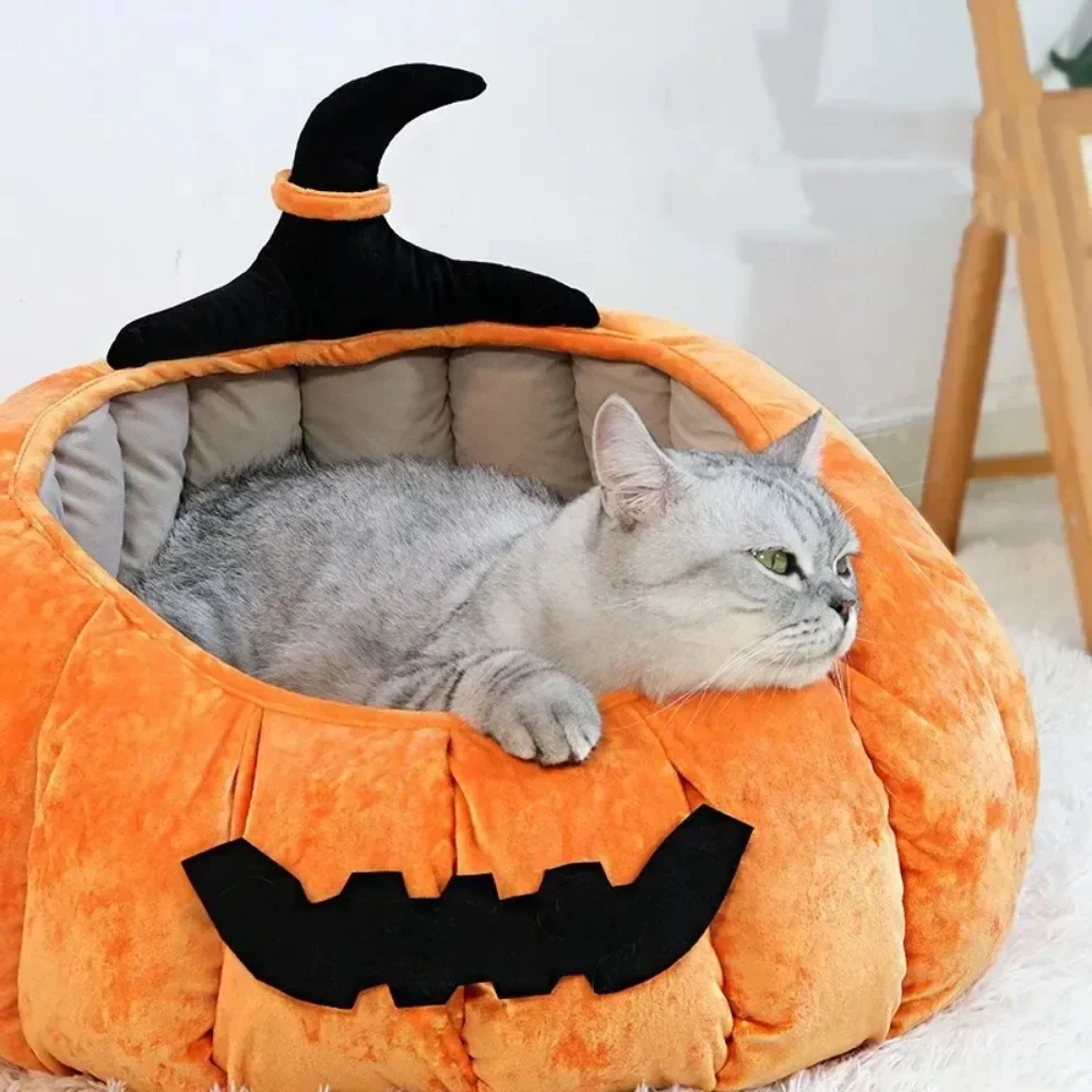 

Cat Cushion Bed Halloween Pumpkin Cute Cat Nest Sofa Winter Pet Tent Cave Bed for Dogs Kennel Cat House Soft Cozy Pet Supplies