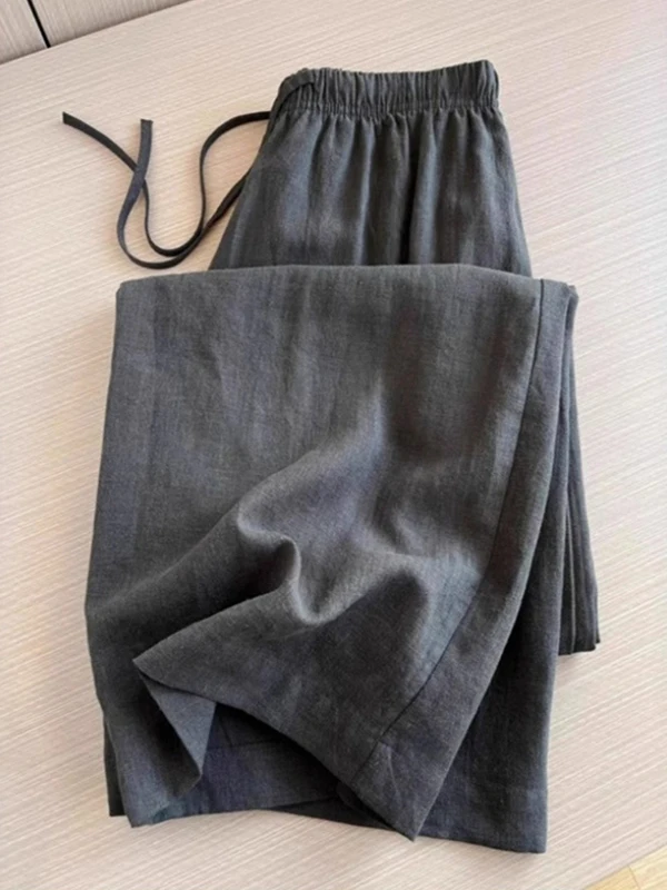 

Simple Pure Color Cotton Linen Wide Leg Pants Loose Elastic Waist Floor Length Casual Loose Fit Summer Women's plus Size