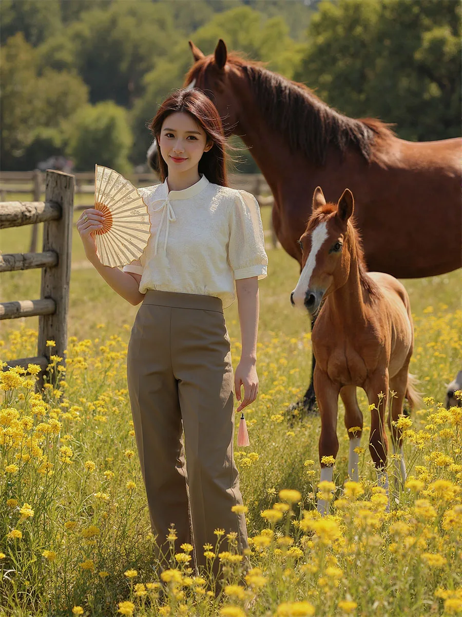 

Mandarin Collar Vintage Blouses Womens Puff Sleeve Patchwork Mesh Cute Elegant College Trendy Sweet Flare Streetwear