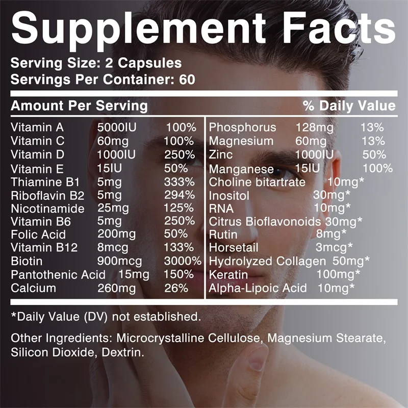 Hair Growth Men Supplement - Beard Growth Supplement for Men, Support Hair Regrowth and Health, Promotes Hair Thickness