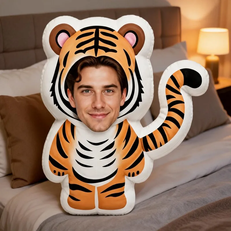 Custom Photo Tiger Costume Shaped Pillow, Personalized Face Decorative Cushion with Smiling Expression, Unique Home Decor Accent