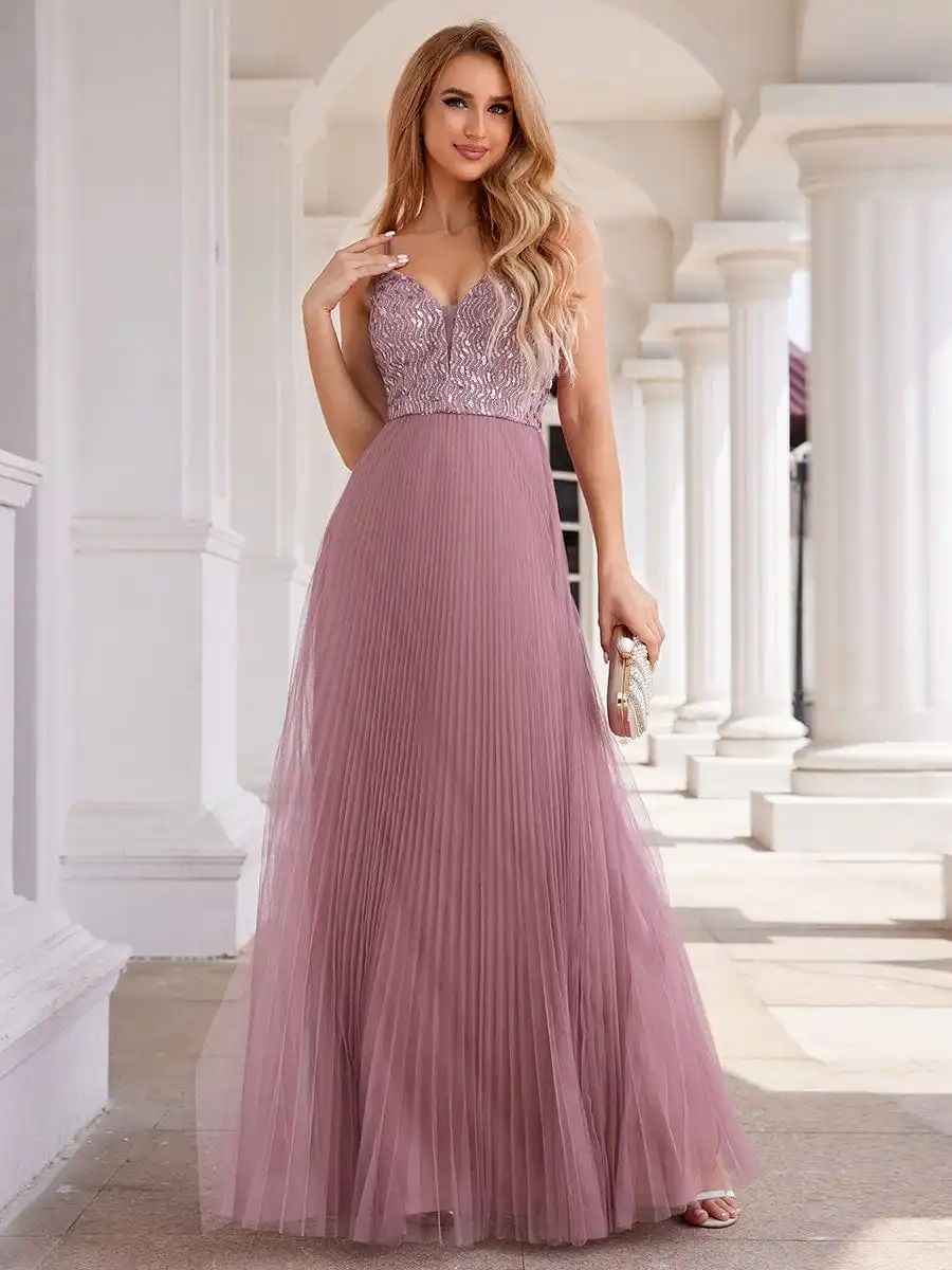 

Elegant Evening Dresses See Through V-Neck Sleeveless Tulle Floor length 2025 Ever Pretty of Sequin Orchid Bridesmaid Dress