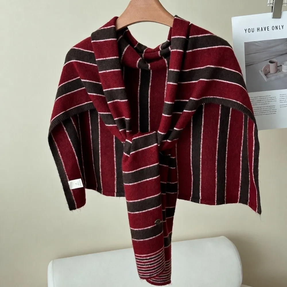 Retro Color-block Striped Knitted Shawl Wool Blend Soft Shoulder Wrap T-Shaped Neck Warmer for Women